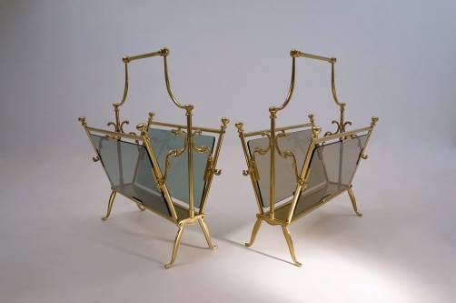Pair Maison Bagues Neoclassical complementary magazine racks, brass & glass,e